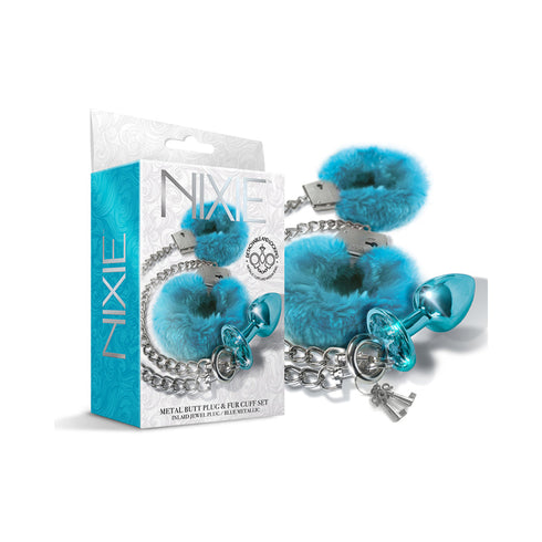 Kit de tapón anal de metal y esposas peludas Nixie azul